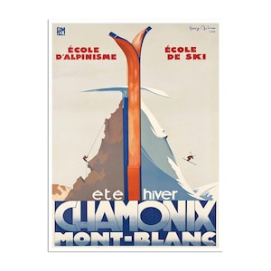 Chamonix Ski Poster Mont Blanc Art France Travel Print French Painting (H156)a