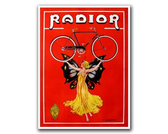 May include: Vintage poster with the word "RADIOR" in white letters on a red background. A black bicycle is positioned above a woman with butterfly wings and a yellow dress. The woman is holding the bicycle.