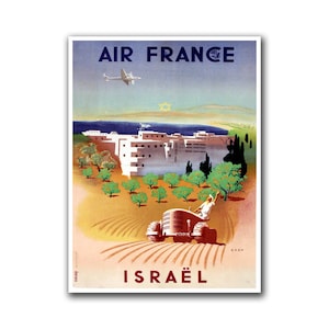 May include: A vintage travel poster advertising Air France flights to Israel. The poster features a blue sky with a white airplane flying overhead, a view of a city with a Star of David in the sky, and a tractor driving through a field of orange trees.
