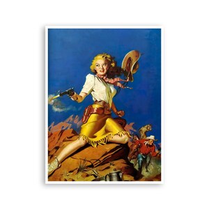 Vintage Cowgirl Print Gunslinger Art Bar Decor Western Pulp Man Cave Print (H1321)