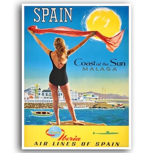 Malaga Spain Travel Poster Beach Art Iberia Airlines Print (H402)a