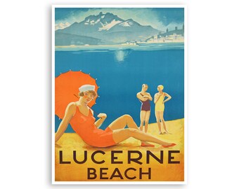 Lucerne Print Switzerland Poster Travel Swiss Beach Art (H1134)a