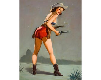May include: Vintage-style illustration of a woman in a cowboy hat, red shorts, and a blue top, holding two smoking revolvers. She wears a holster and brown cowboy boots, set against a desert backdrop with stars.