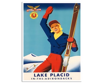 Lake Placid Print Adirondack Mountains Art Vintage Ski Poster New York Travel Poster (H1458)
