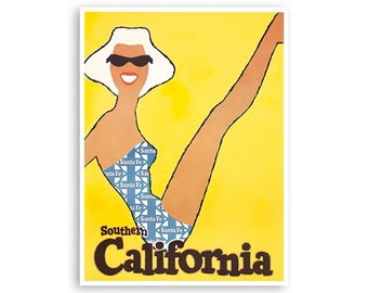 May include: A vintage travel poster advertising Southern California. The poster features a woman in a blue swimsuit with a white hat and sunglasses, against a yellow background. The text "Southern California" is printed in brown letters at the bottom of the poster.