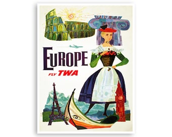 Europe Print European Traveler Art TWA David Klein Travel Poster (H1260)a