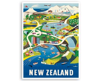New Zealand Travel Poster Map Art Print (H1163)a