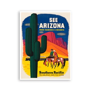Arizona Art Cowboy Poster Western Decor Southern Pacific Travel Print (H1014)a