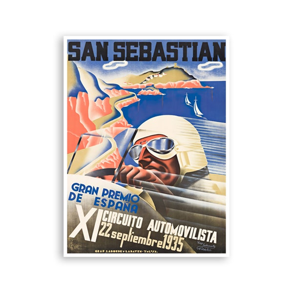 San Sebastian Art Retro Race Car Print Spain Travel Poster Spanish Print (H1334)