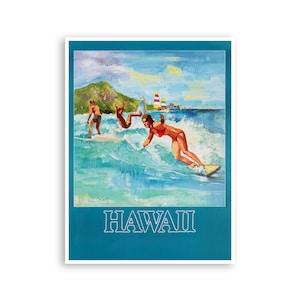 Hawaii Surfing Poster Travel Print Hawaiian Surf Art (H1392)a