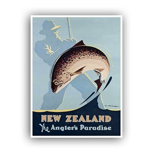 New Zealand Fishing Travel Poster Angler&#39;s Art Retro Print (H469)