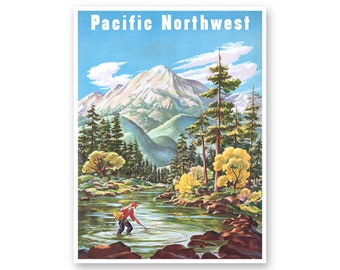 Könnte beinhalten: Ein Vintage-Reiseposter mit einer malerischen Landschaft mit einer Bergkette, einem Fluss und einem Fischer, der seine Leine auswirft. Das Poster trägt den Titel "Pacific Northwest".