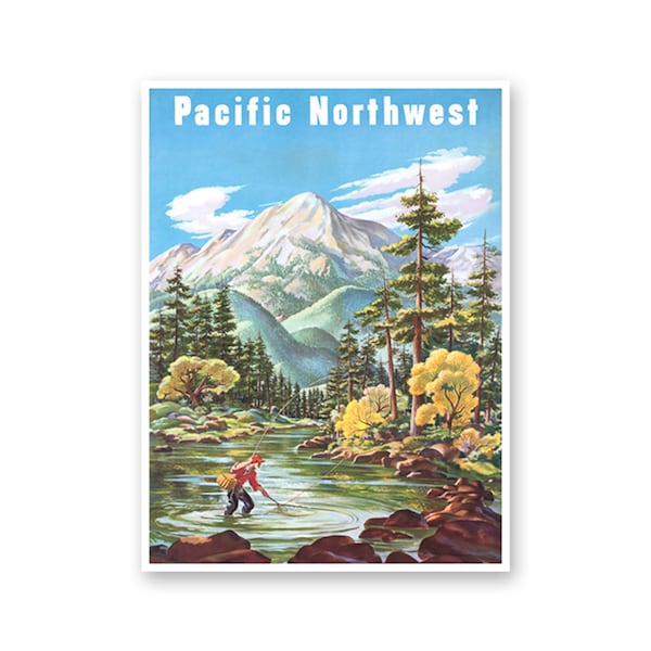 Pacific Northwest Art Poster Fishing Oregon Washington Print (H996)