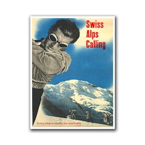 Ski Poster Swiss Alps Travel Art Switzerland Ice Climbing Print (H12)a