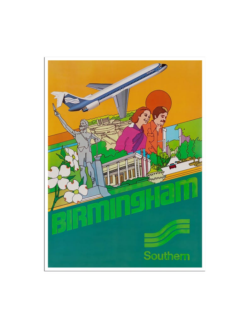 Birmingham Art Alabama Print Southern Airlines Travel Poster h1351a Etsy