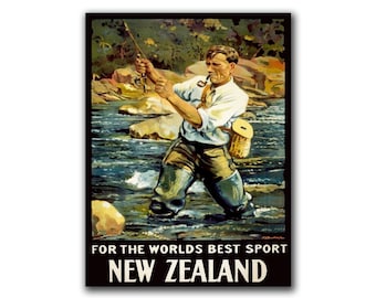 New Zealand Fly Fishing Travel Poster Fishing Art Retro Print (H177)