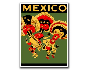 May include: A vintage travel poster for Mexico featuring a green background with three dancers wearing colorful costumes and feathered headdresses. The dancers are holding bells and are in a dancing pose. The text "MEXICO" is in yellow letters on a black background at the top of the poster.