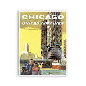 Chicago Travel Poster Illinois Print United Airlines Art (H1060)a