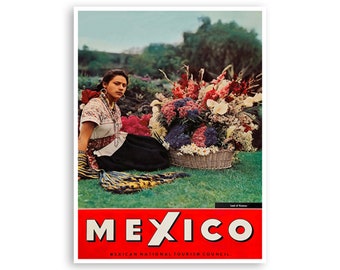 Mexico Travel Art Vintage Mexican Print Flowers Poster (H1409)