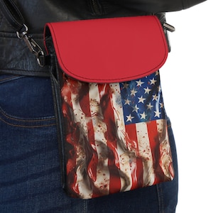 Carteira pequena para celular com bandeira americana desgastada | Bolsa pequena para celular com bandeira americana desgastada | Couro de microfibra | Presente patriótico