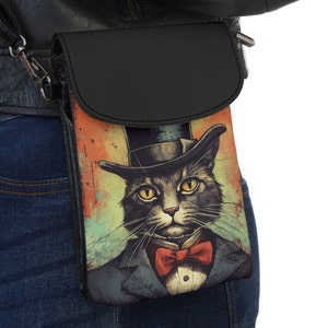 Petit portefeuille pour téléphone portable en cuir microfibre avec chat de style vintage | Illustration de chat drôle | Sac à main chat élégant