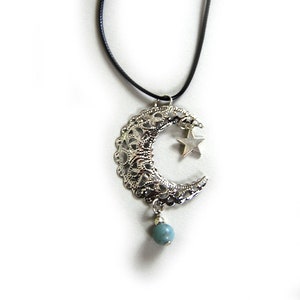 Silver New Moon and Star Leather Cord Necklace