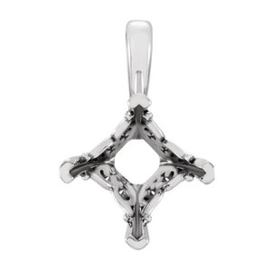 May include: A silver pendant setting with a square opening for a gemstone. The setting has a delicate, intricate design with a bail at the top for attaching a chain.