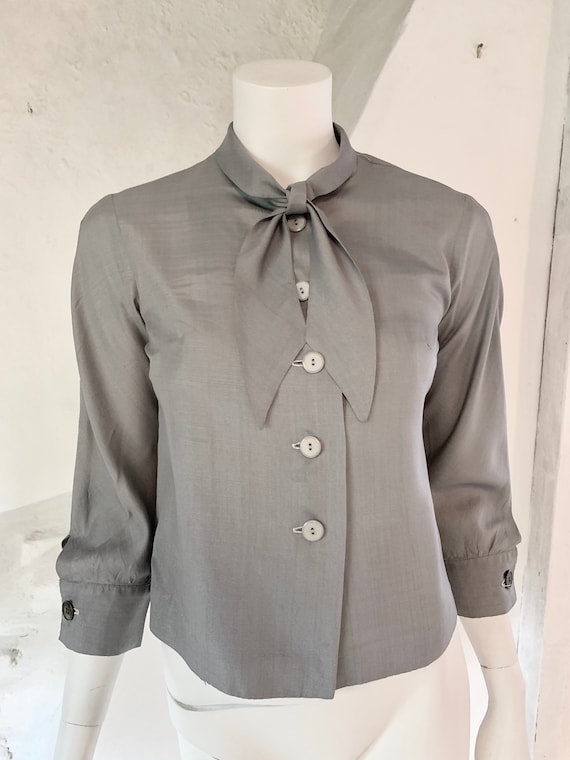 1950s grey blouse with bow tie neckline