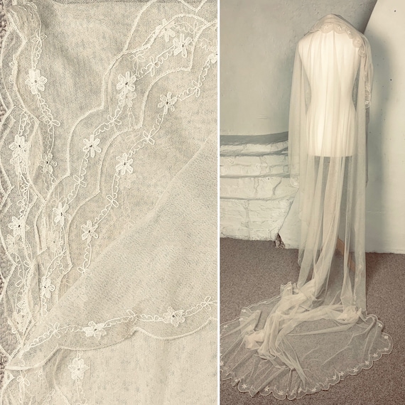 1920s cotton voile embroidered wedding veil/train