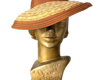 1940s straw hat with brown ribbon trim