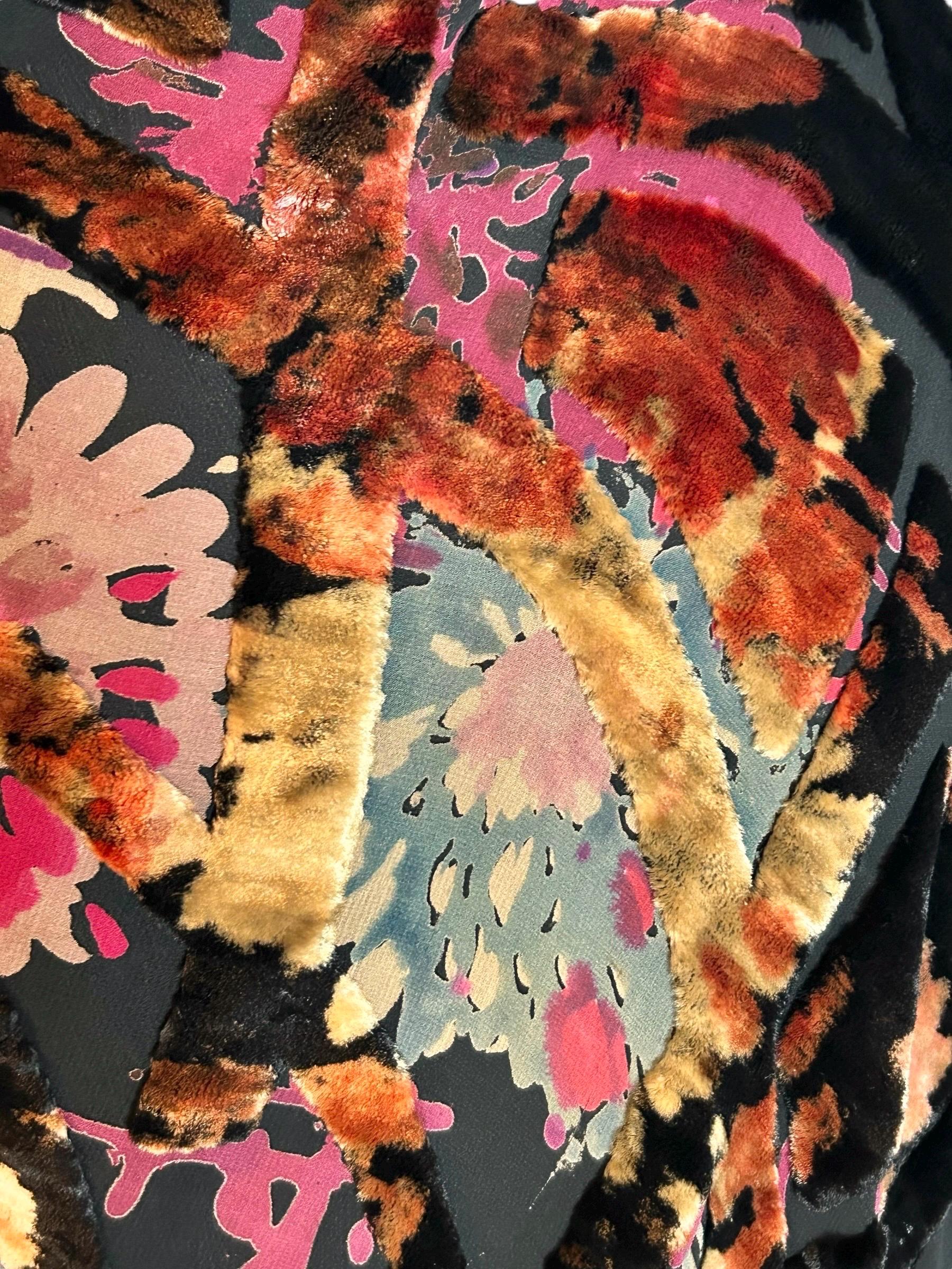 1920s Devore Velvet Shawl: Teal, Ochre & Burnt Orange Fringed Wrap