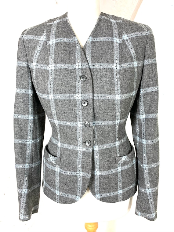 40s Stylish collarless light grey & white check ja