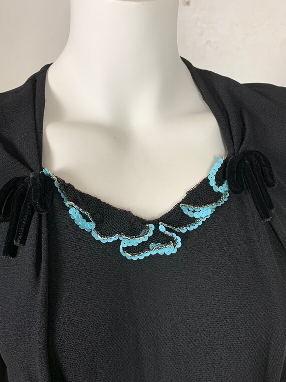 1940s cute blue sequin trimmed black crepe dress