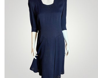 1940s dark navy bead trim dress with flying panels.(UK only)