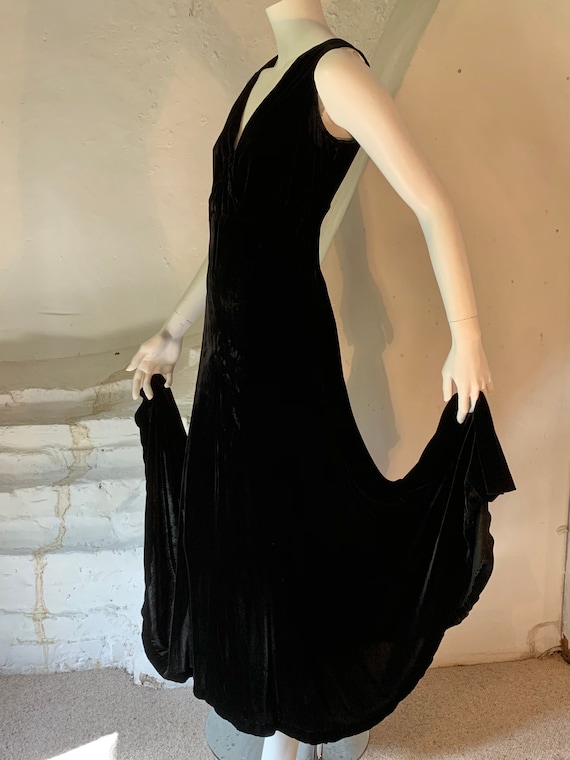 1930s Long black silk velvet evening gown.