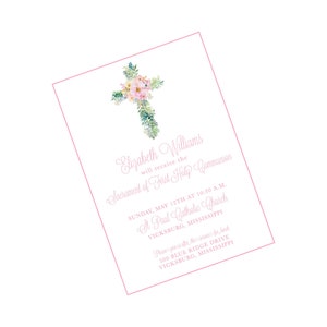 Pink Watercolor Cross First Communion or Baptism Invitation