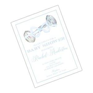 Acquerello Antico Rattle Boy Blue Baby Shower Invito