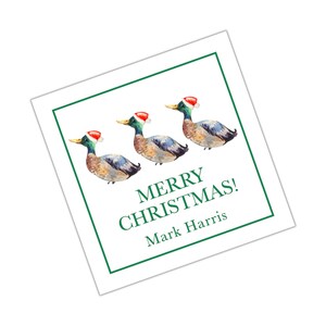 Aquarel Santa Ducks Christmas Tag, Kerst Sticker Aangepaste Christmas Tag Gepersonaliseerde Christmas Enclosure Card