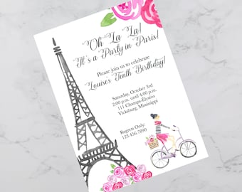 Convite para festa de aniversário em aquarela de Paris