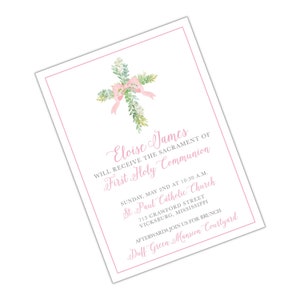 Pink Watercolor Cross First Communion or Baptism Invitation