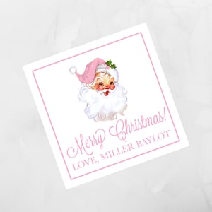 Cartão de cerco de papai noel rosa de natal em aquarela, etiqueta de natal, adesivo de natal personalizado, cartão de cerco de natal personalizado
