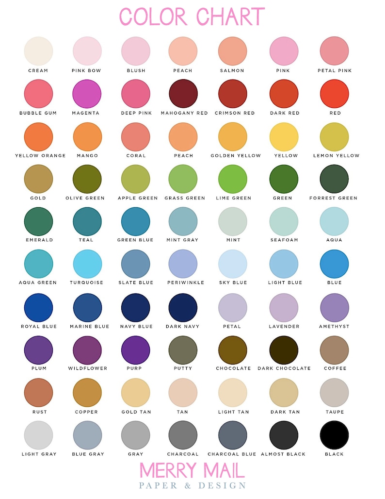 Peut inclure: Un nuancier de couleurs avec 60 &eacute;chantillons de couleurs diff&eacute;rents. Chaque &eacute;chantillon est &eacute;tiquet&eacute; avec un nom de couleur, comme cr&egrave;me, rose p&acirc;le, blush, p&ecirc;che, saumon, rose, rose p&acirc;le, chewing-gum, magenta, rose fonc&eacute;, rouge acajou, rouge cramoisi, rouge fonc&eacute;, rouge, orange jaune, mangue, corail, p&ecirc;che, jaune dor&eacute;, jaune, jaune citron, or, vert olive, vert pomme, vert herbe, vert lime, vert, vert for&ecirc;t, &eacute;meraude, sarcelle, bleu vert, gris menthe, menthe, mousse, aqua, vert aqua, turquoise, bleu ardoise, pervenche, bleu ciel, bleu clair, bleu, bleu royal, bleu marine, bleu marine, bleu fonc&eacute;, p&eacute;tale, lavande, am&eacute;thyste, prune, fleur sauvage, violet, mastic, chocolat, chocolat noir, caf&eacute;, rouille, cuivre, beige dor&eacute;, beige, beige clair, beige fonc&eacute;, taupe, gris clair, gris bleu, gris, charbon de bois, bleu charbon, presque noir, noir. Le nuancier est intitul&eacute; "Nuancier de couleurs" et porte le texte "Merry Mail Paper & Design" en bas.