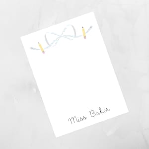 Watercolor Notebook Paper Bow and Pencil Teacher Notepad, Personalized Notepad, To Do List, Personalized Gift, Back to School