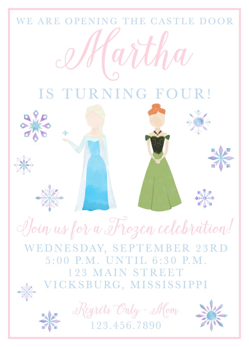 Pode incluir: Um convite de anivers&aacute;rio com tema Frozen para uma menina chamada Martha que est&aacute; completando quatro anos. O convite apresenta ilustra&ccedil;&otilde;es de Elsa e Anna do filme Frozen, flocos de neve e o texto "Junte-se a n&oacute;s para uma celebra&ccedil;&atilde;o Frozen!" O convite inclui a data, a hora e o local da festa.