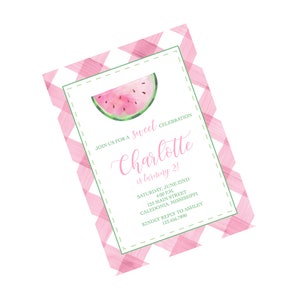 May include: Pink and green invitation with a watermelon graphic. The text reads "Join us for a Sweet Celebration Charlotte is turning 21. Saturday, June 22nd 4:00 PM 123 Main Street Caledonia, Mississippi. Kindly reply to Ashley 123.456.7890"