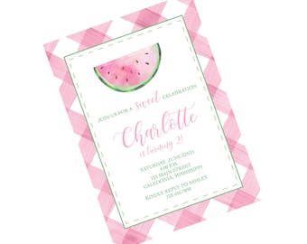 Watercolor Watermelon Pink Gingham Birthday Party Invitation Watermelon Invite