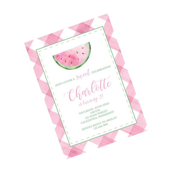 Watercolor Watermelon Pink Gingham Birthday Party Invitation Watermelon Invite