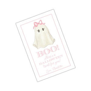 May include: Pink and white Halloween treat bag with a ghost wearing a pink bow and the text "BOO! Here's a HALLOWEEN treat for you! Love, Charlotte".
