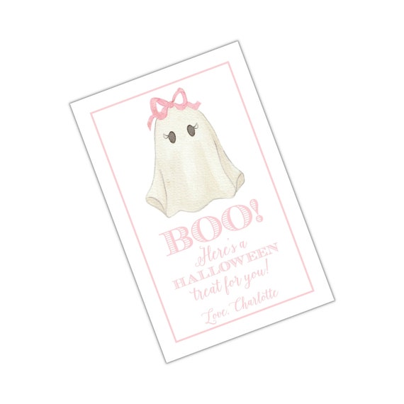 Watercolor Ghost Boo Halloween Treat Tag Girl Ghost with Bow Pink Ghost