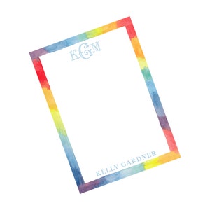 Puede incluir: Un borde de acuarela de arcoíris con un fondo blanco y el monograma "KGM" en azul en la parte superior. El texto "KELLY GARDNER" está en azul en la parte inferior del borde.
